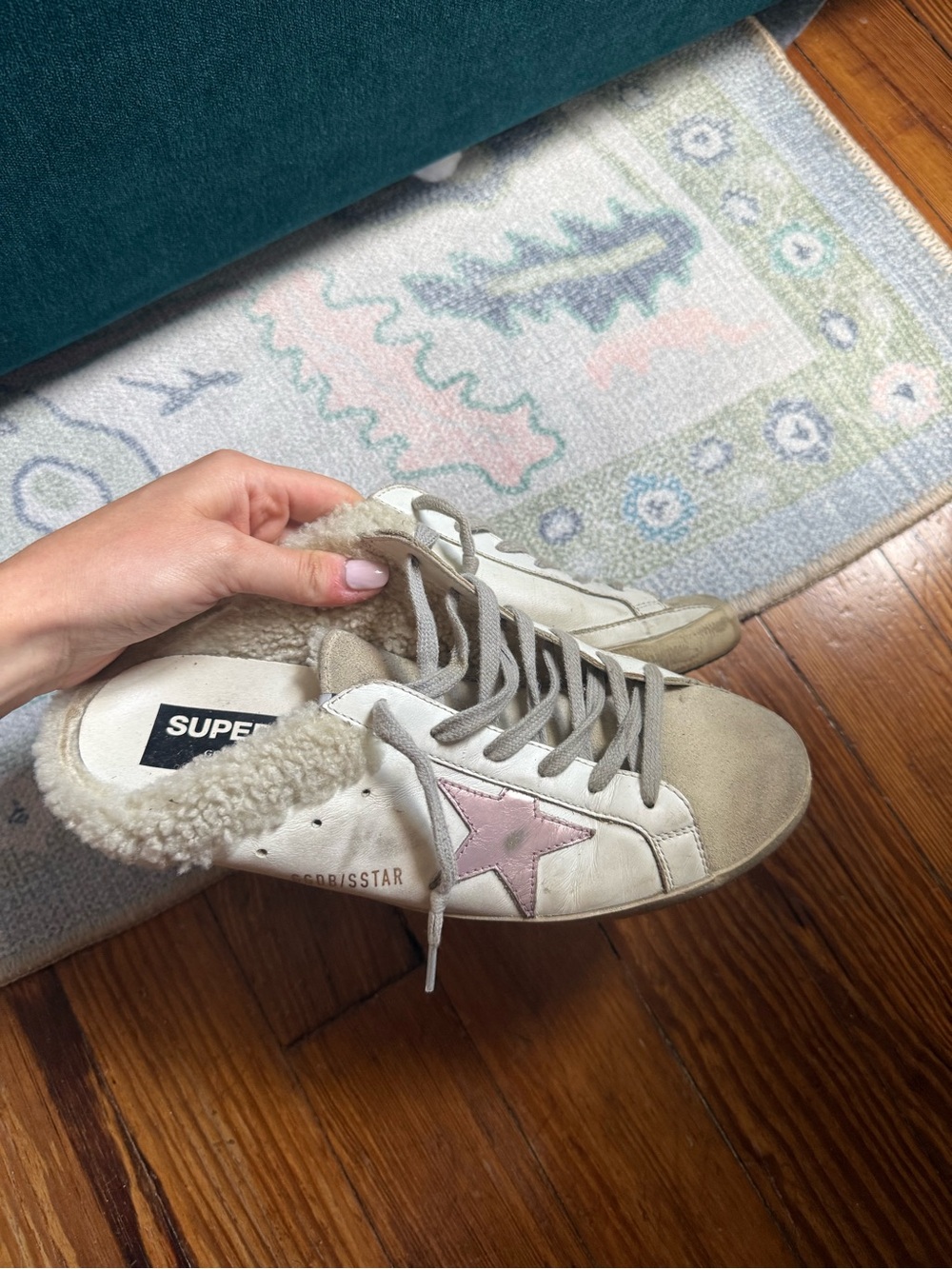 Golden Goose Women’s White Sneakers with Pink Star and Shearling Collar